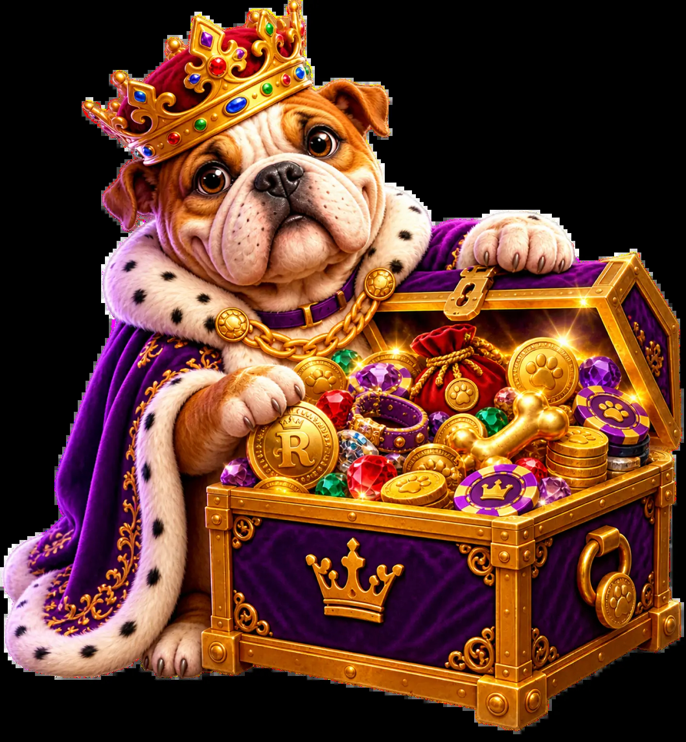 Bouledogue royal avec un coffre au trésor contenant 10€